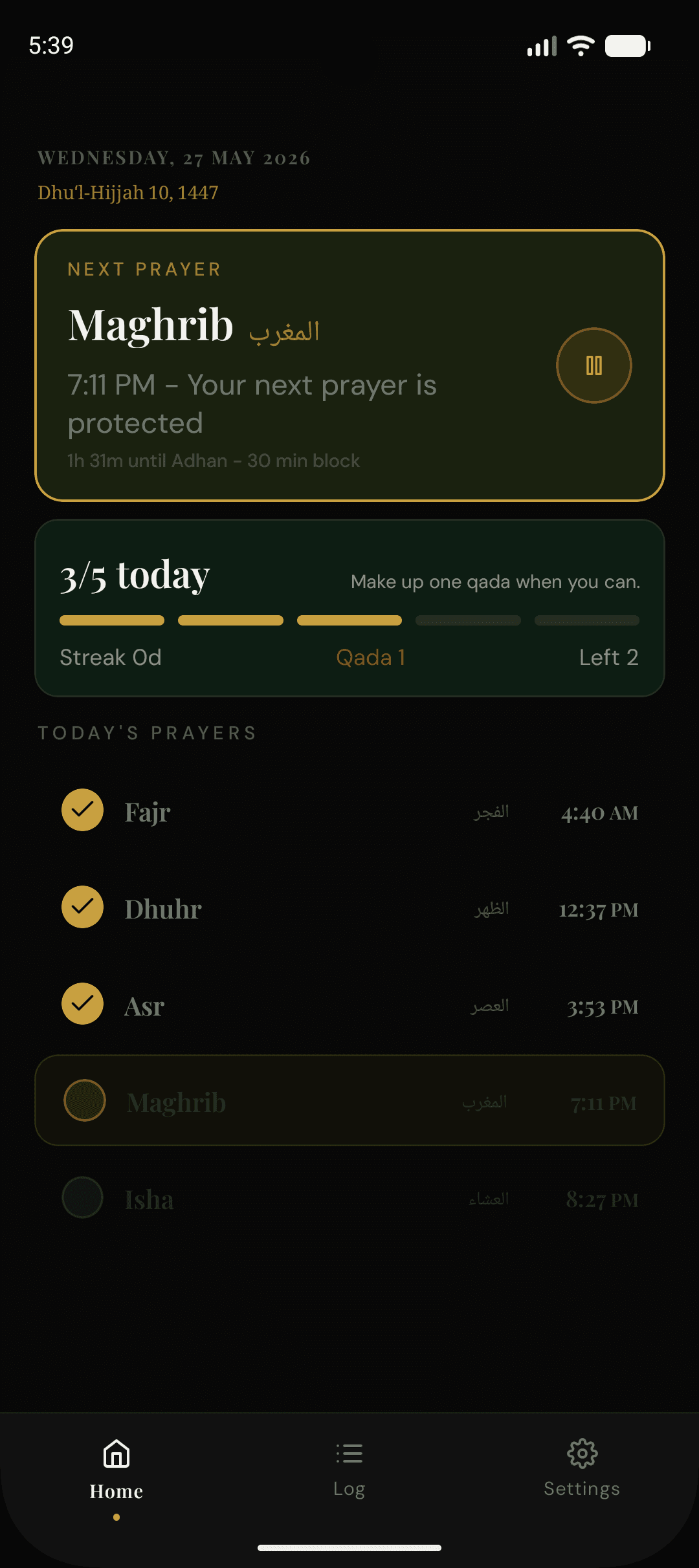 Waqt home screen with prayer countdown and prayer timeline